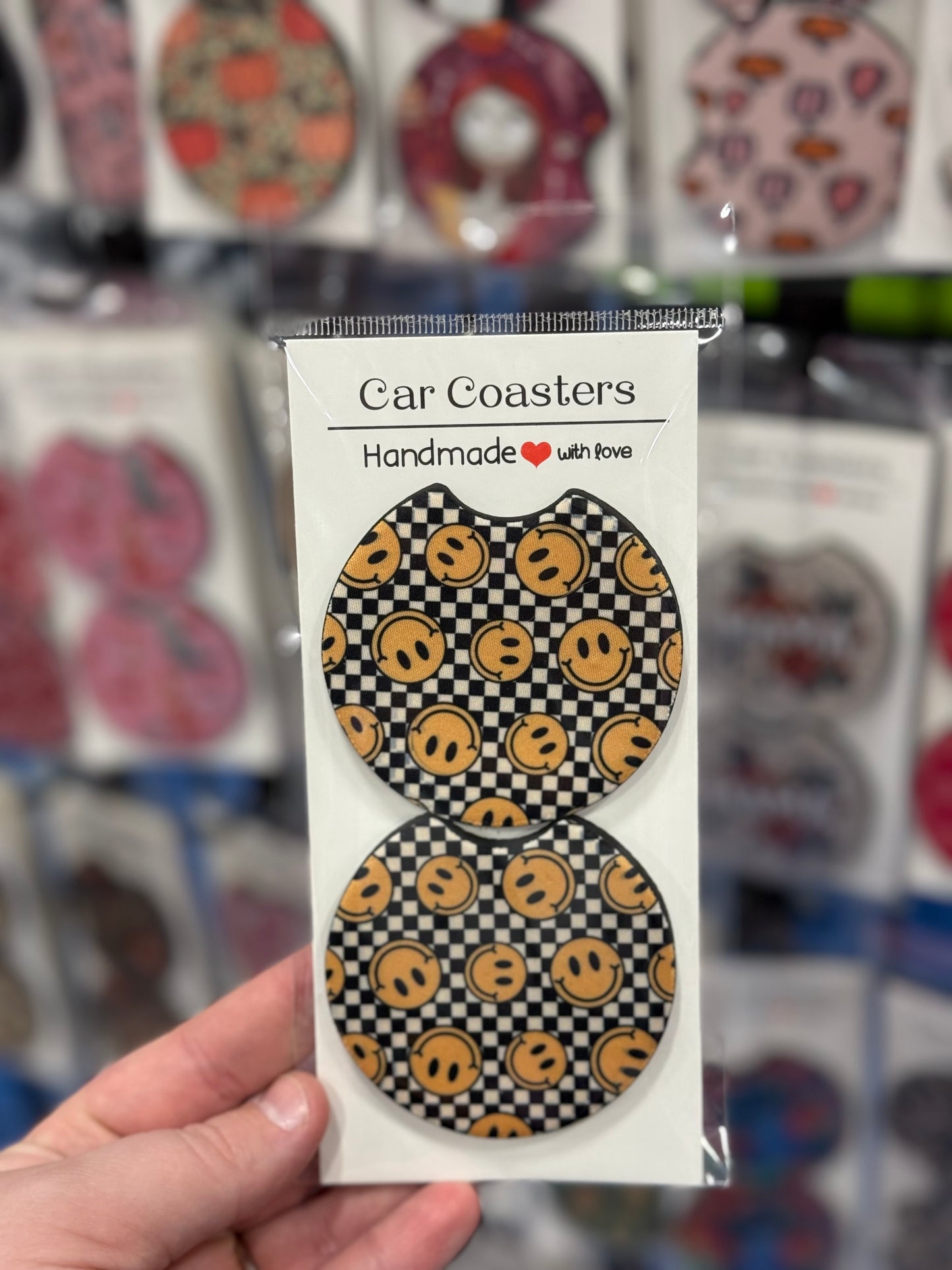 Checkered Smiley Car Coaster Set