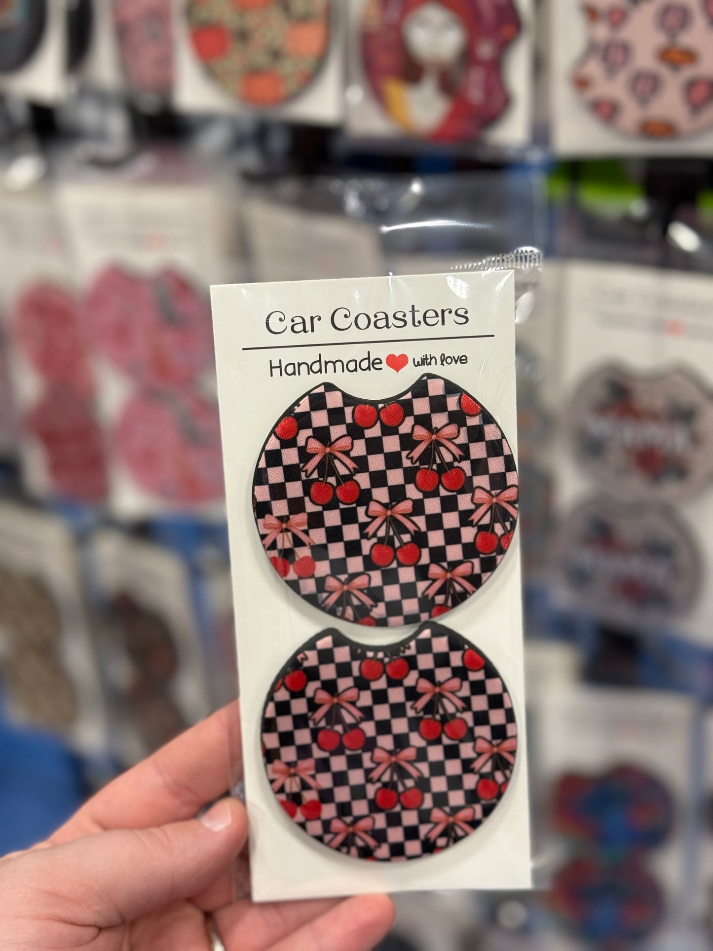 Checkered Cherry Bow Car Coaster Set