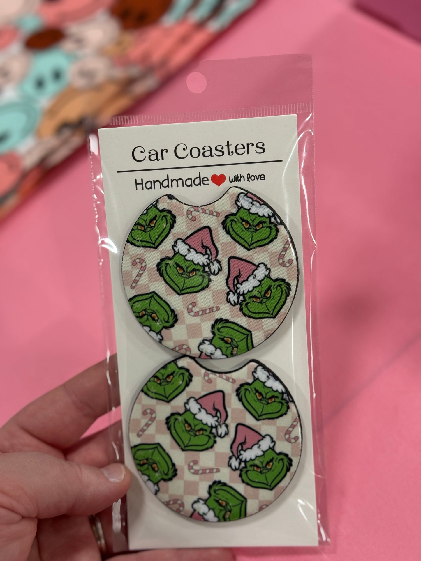 Pink Grinch Car Coaster Set
