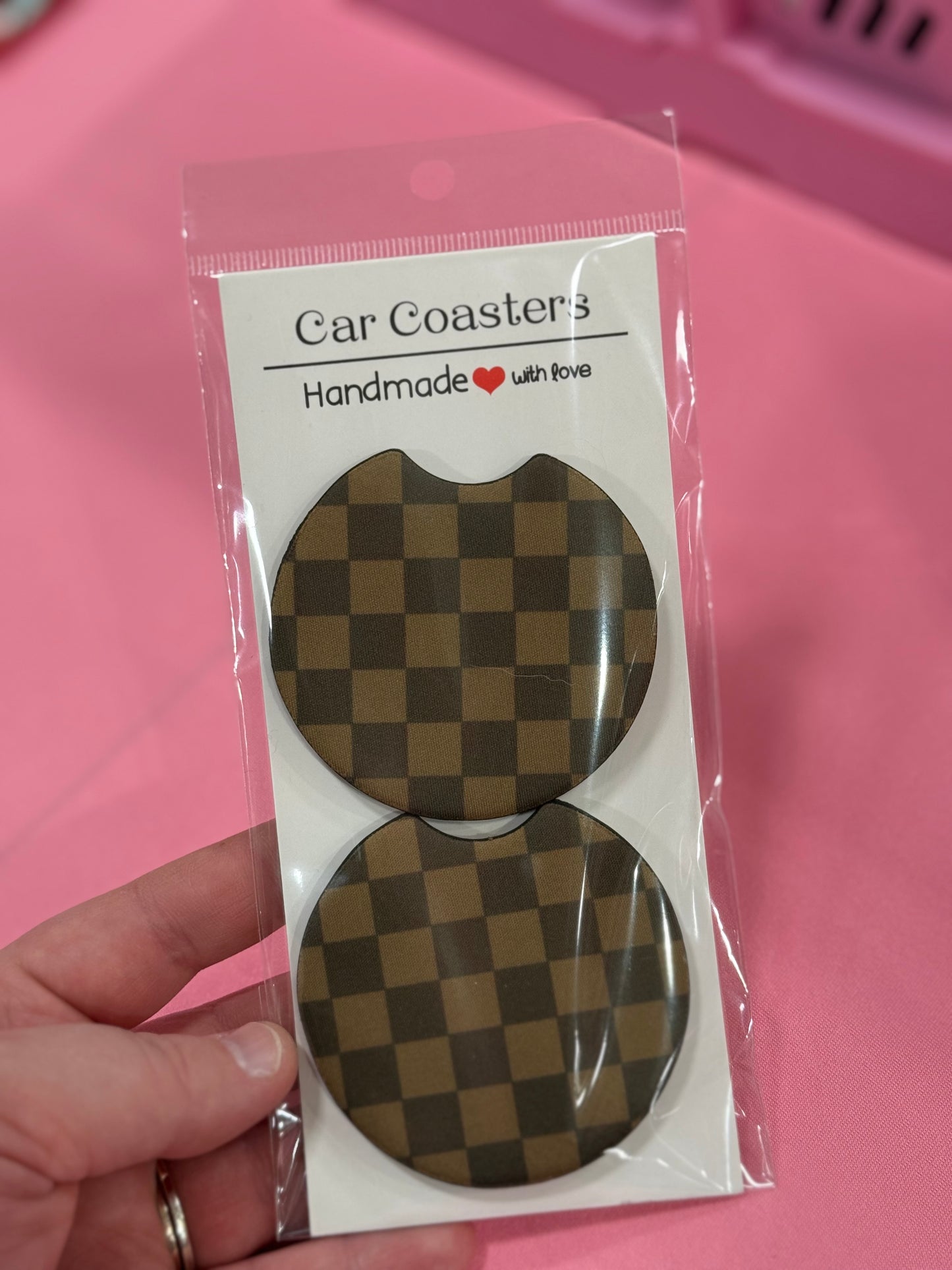 Brown Checkered Car Coaster Set