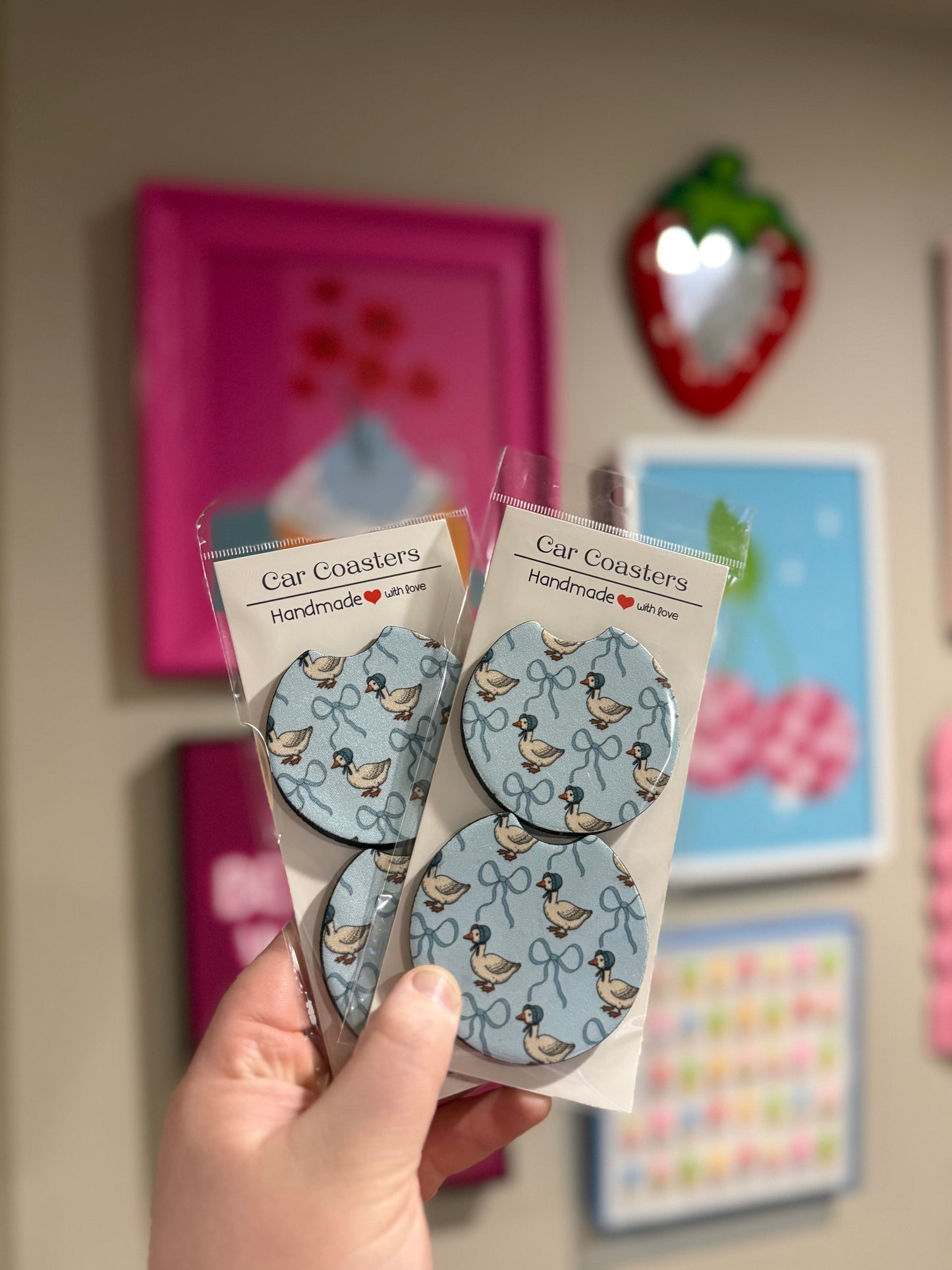 Goose Blue Bow Car Coaster Set