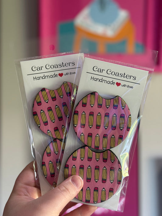 Pink Pencils Car Coaster Set