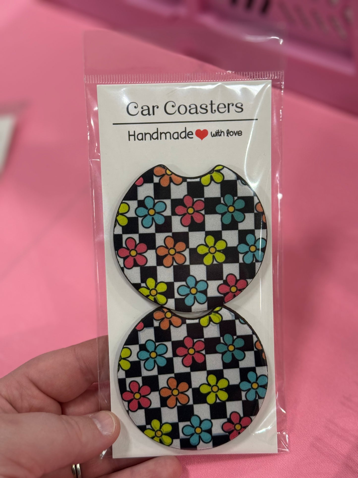 Checkered Flowers Car Coaster Set