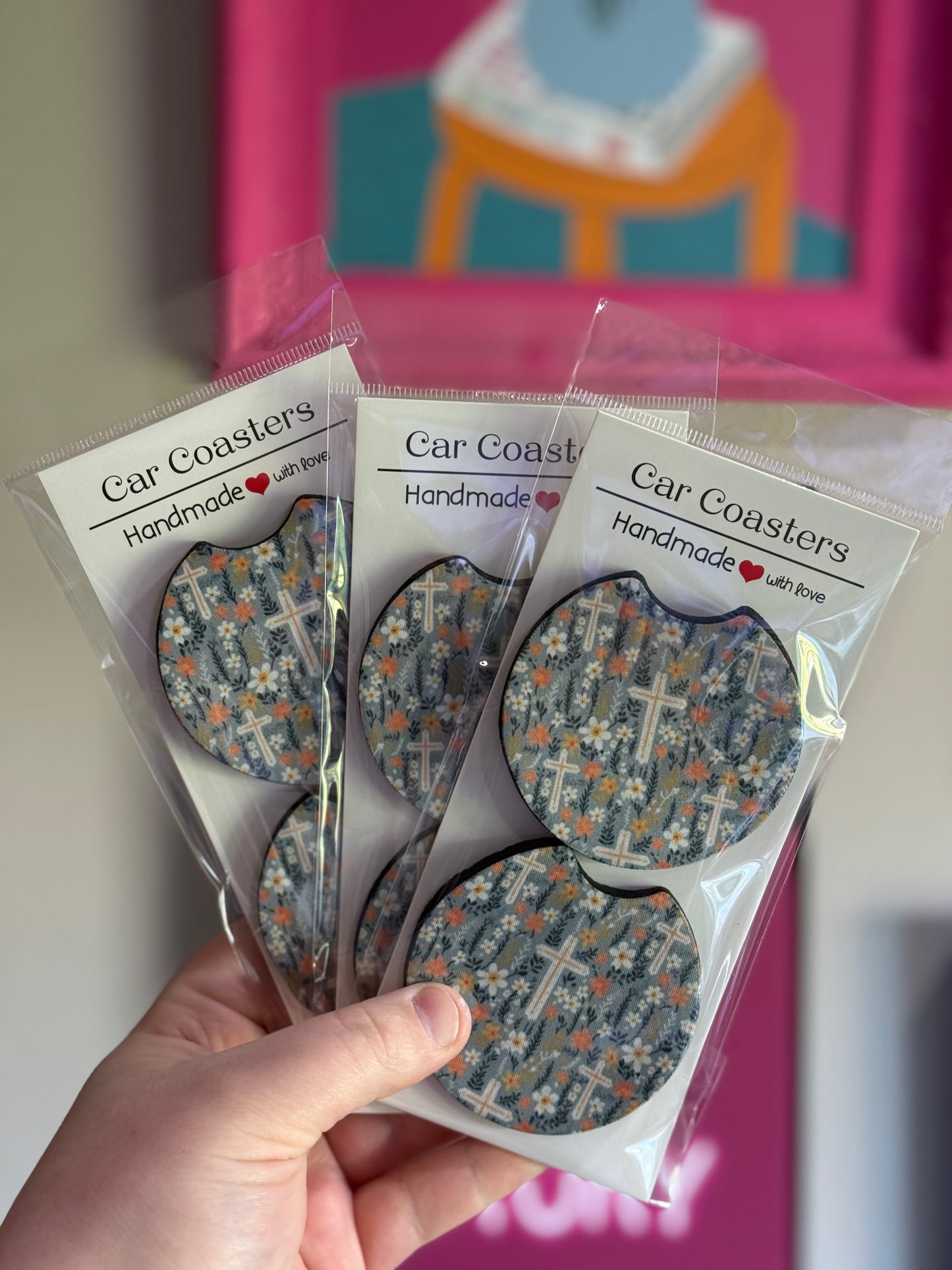 Cross and flowers Car Coaster Set