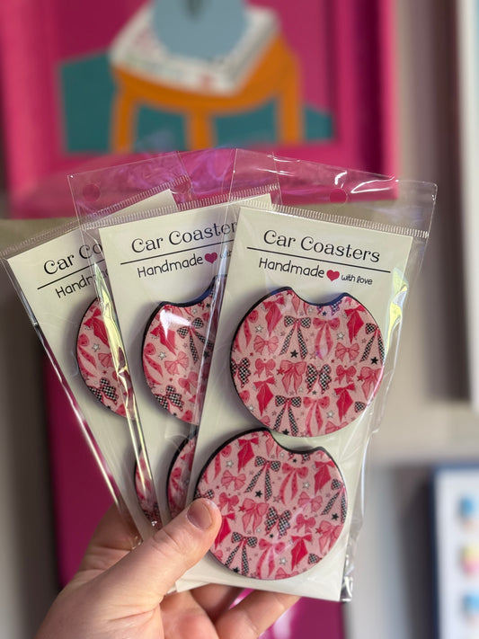 Pink Checkered Bows Car Coaster Set
