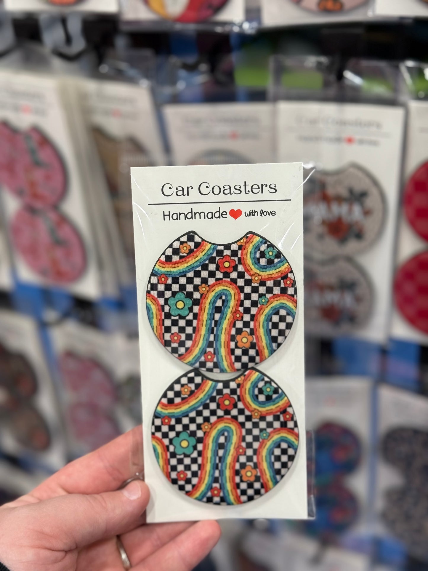 Rainbow Checkered Car Coaster Set