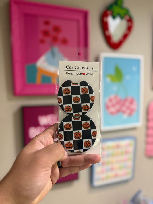 Checkered Pumpkins Halloween Car Coaster Set