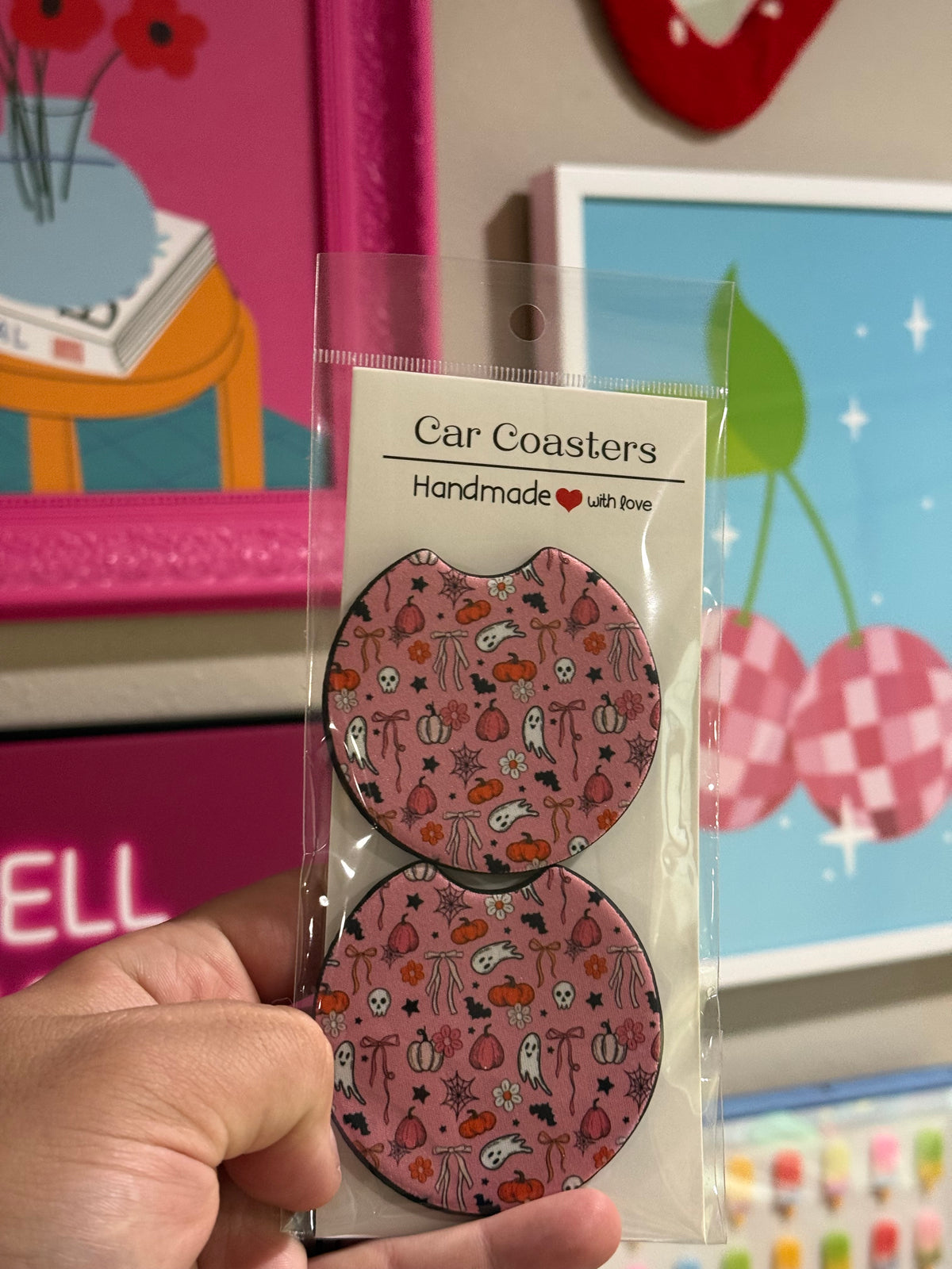 Pink Halloween Car Coaster Set