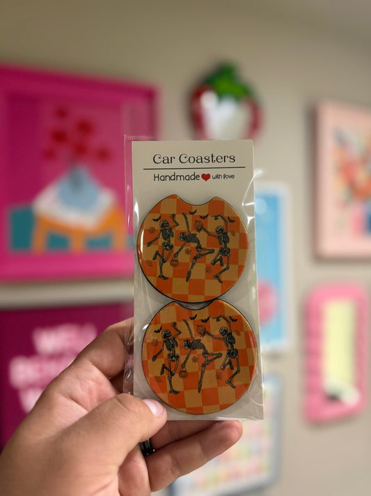 Orange Checkered Skeletons Halloween Car Coaster Set