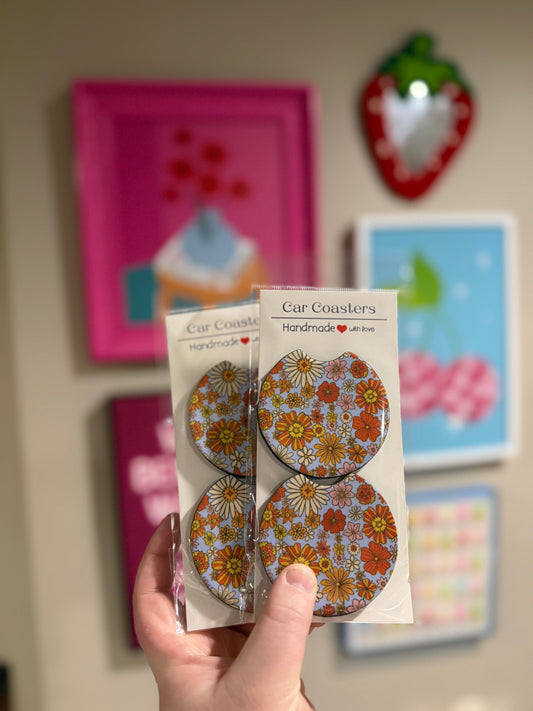 Blue Flowers Car Coaster Set