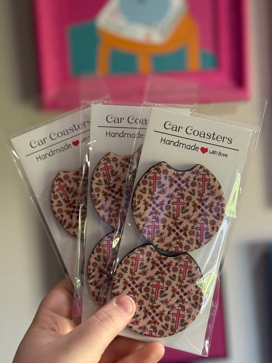 Pink Cross and flowers Car Coaster Set